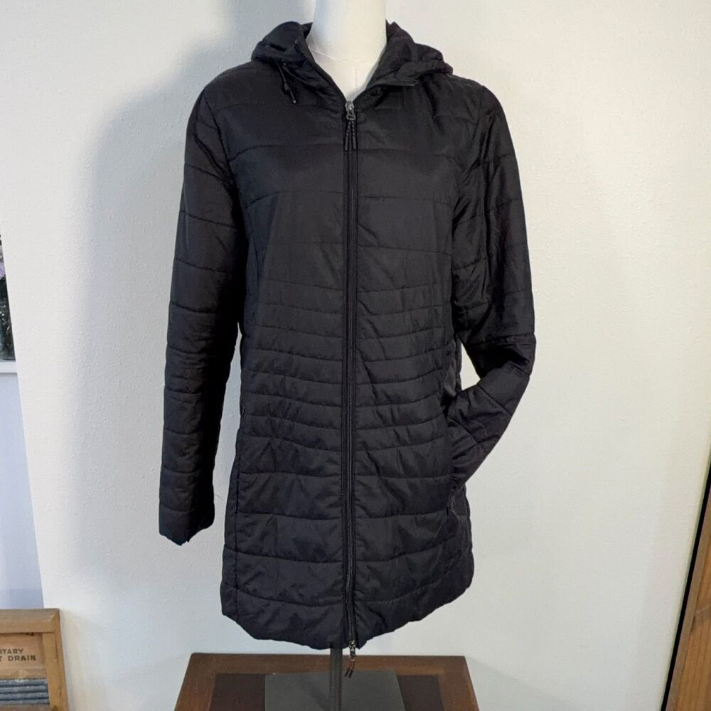 New Balance Womens Long Hooded Jacket L Black Quilted Fleece Full Zip